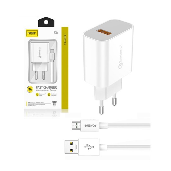 Carregador de Parede USB Rápido Foneng EU46 com Cabo Micro 3A Branco